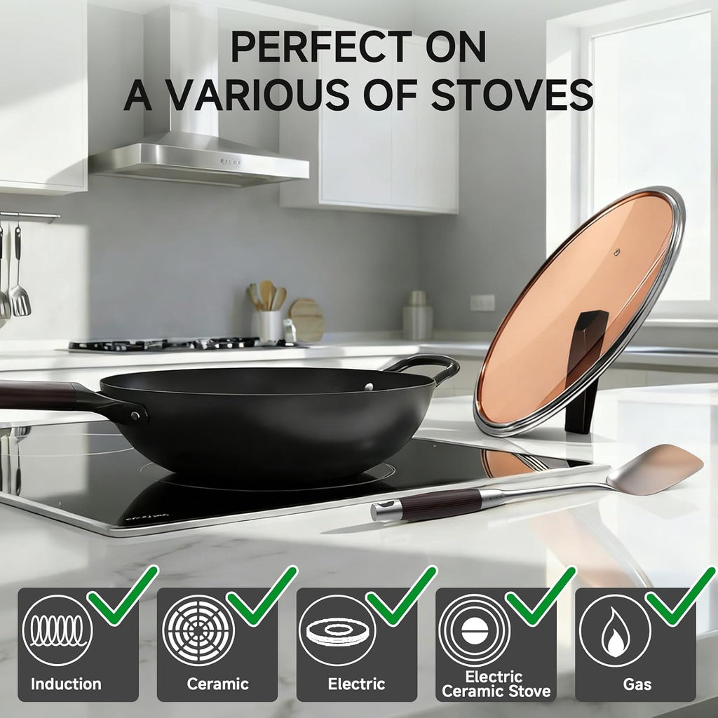 13.5" Carbon Steel Wok Pan - Pre-Seasoned Flat Bottom Woks & Stir-Fry Pans Chinese Cookware With Lid & Spatula - For Pan-Fry,Stir Fry, Steam, Bbq & Camping - Compatible With Induction, Gas