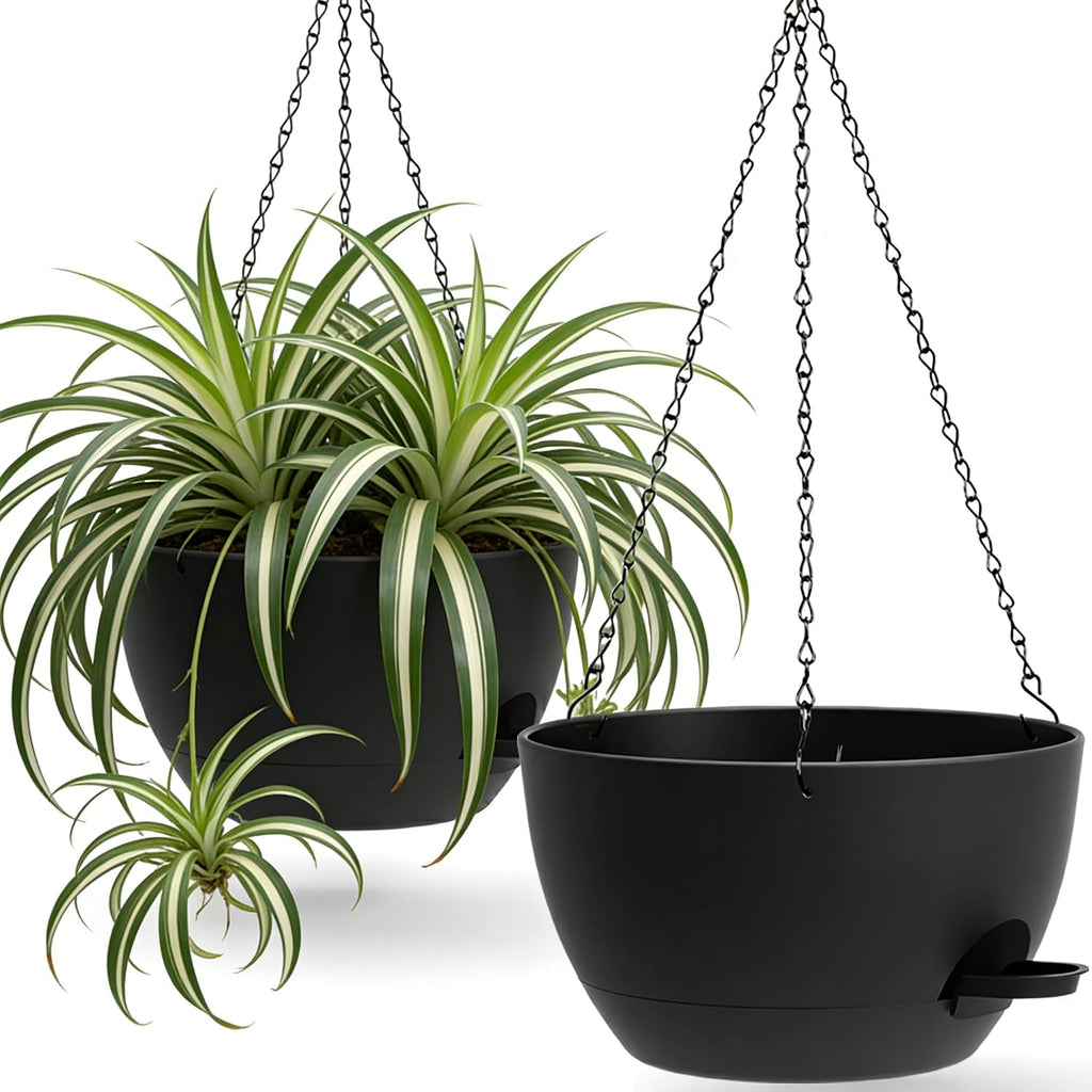 Uouz 13 Inch 2 Pack Large Self Watering Hanging Planters For Indoor Outdoor Plants, Hanging Plant Pots With Removable 50 Oz Reservoir, Plastic Hanging Basket For Window Porch Garden Balcony, Black