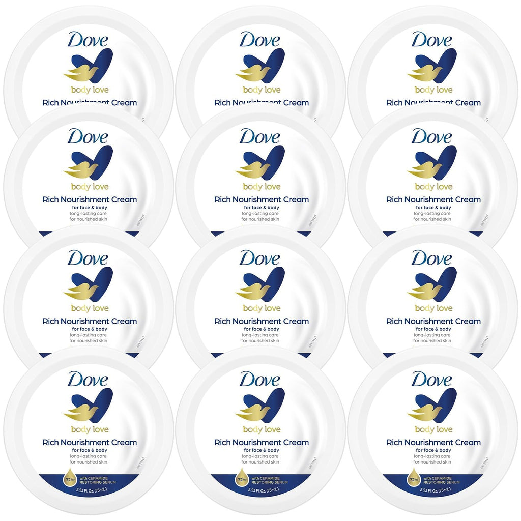 Dove Body Love Rich Nourishment Cream, Face, Hand And Skin Lotion For Extremely Dry Skin, Fast-Absorbing 72-Hour Moisturizing Formula With Ceramide Serum, Travel Size, 2.53 Oz (Pack Of 12)
