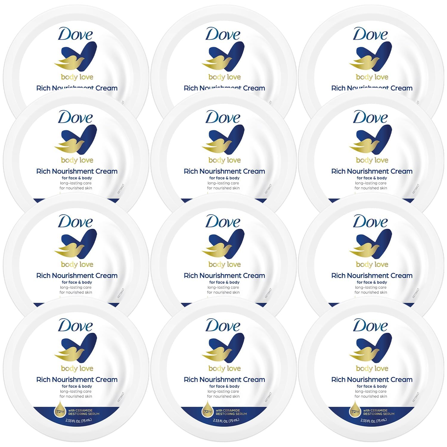 Dove Body Love Rich Nourishment Cream, Face, Hand And Skin Lotion For Extremely Dry Skin, Fast-Absorbing 72-Hour Moisturizing Formula With Ceramide Serum, Travel Size, 2.53 Oz (Pack Of 12)