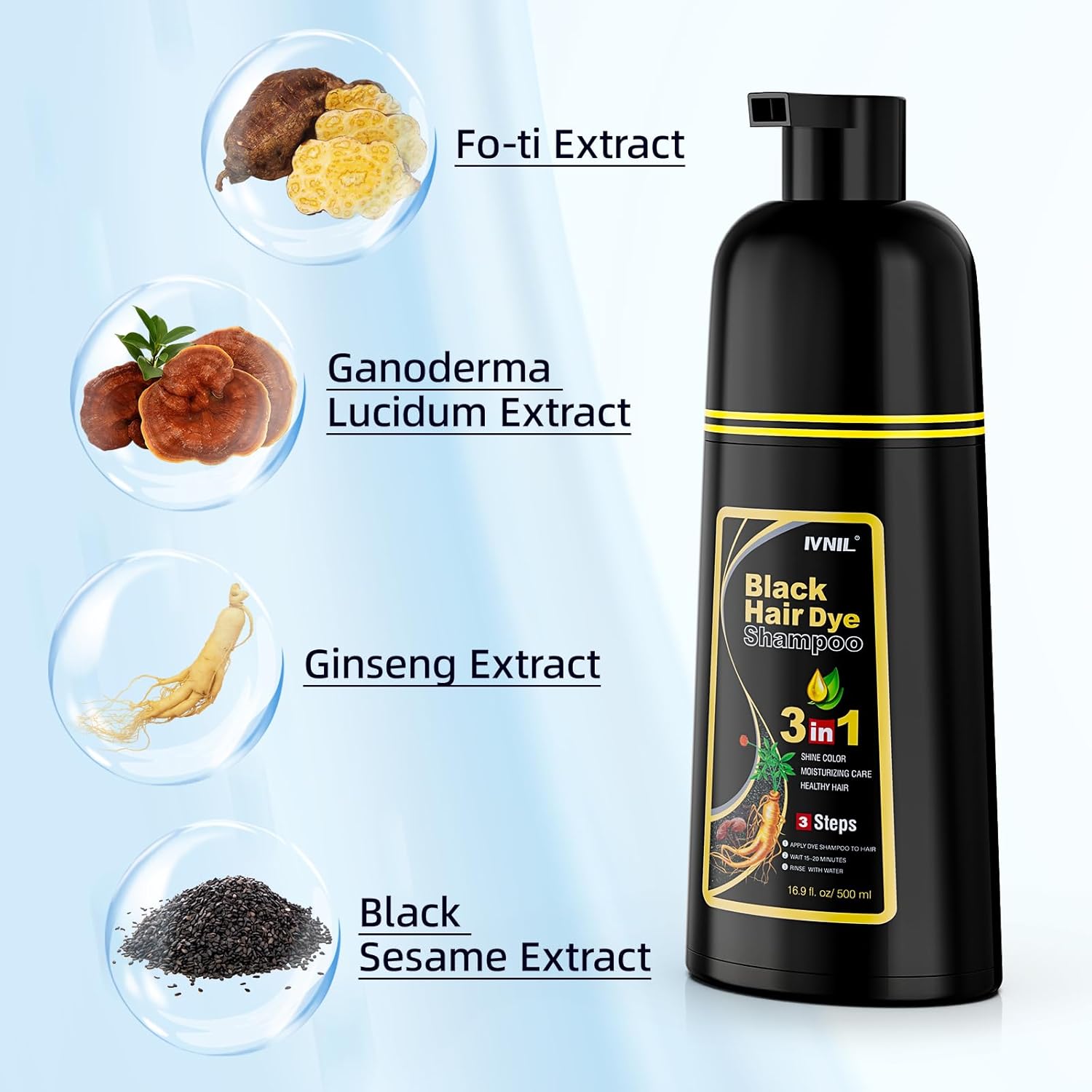 Ivnil Black Hair Dye Shampoo 3 in 1 Semi Permanent Hair Color Shampoo for Women & Men for Gray Hair Coverage, Natural Herbal Ingredients shampoo para pintar el cabello