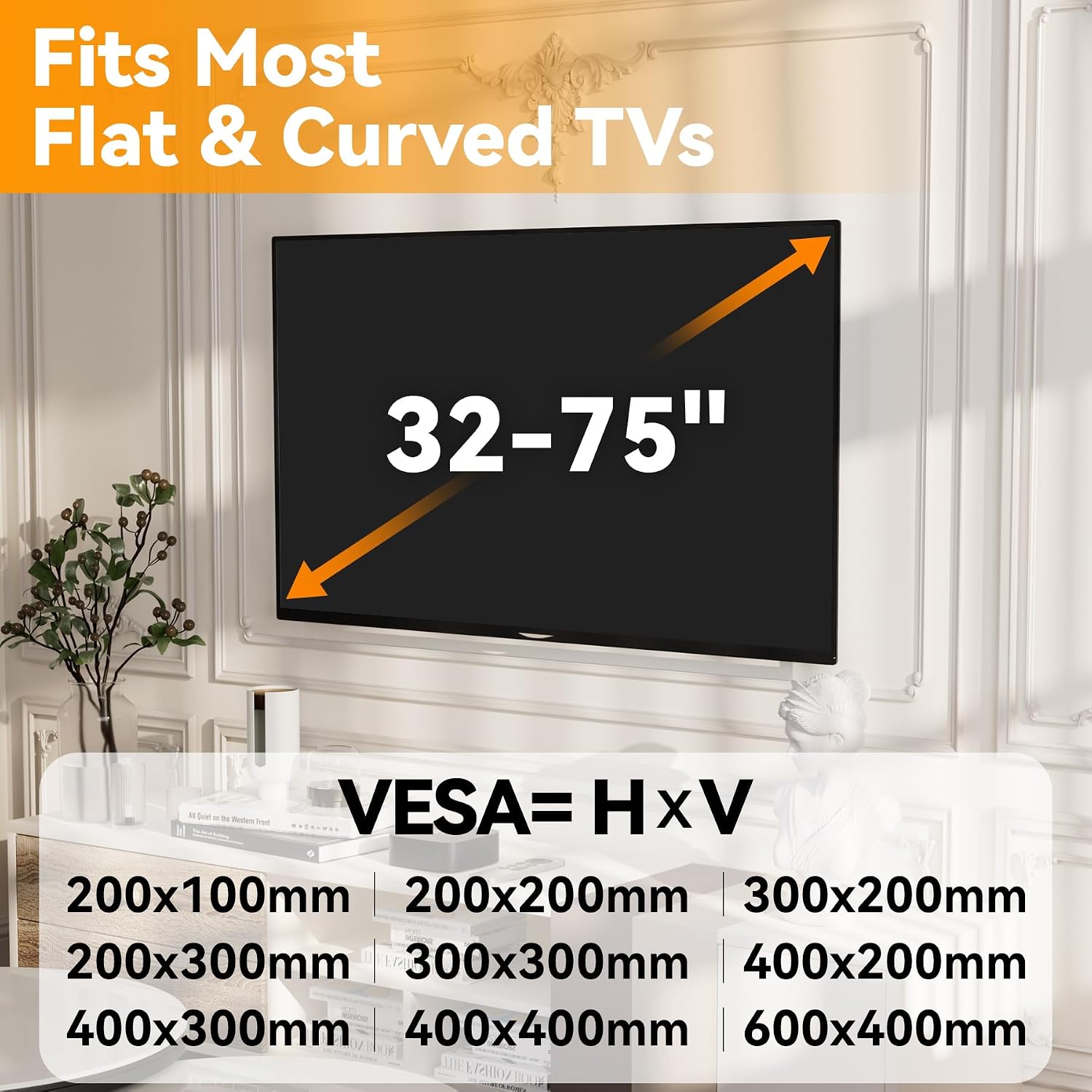 Studless Tv Wall Mount For 32-75 Inch Tvs, No Stud Drywall Tv Mount Holds Up To 150 Lbs, Low Profile, No Drill, Easy To Install For Bedroom Living Room, Bubble Level Included