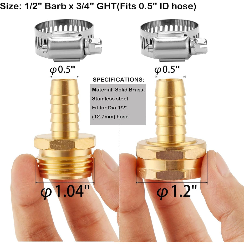 Brass Garden Hose Connector Repair Mender Kit, Fits 1/2" Water Hose Fitting | 1 Set, 1/2" Barb X 3/4" Ght, With Stainless Clamp