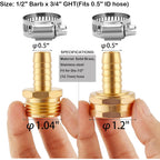 Brass Garden Hose Connector Repair Mender Kit, Fits 1/2" Water Hose Fitting | 1 Set, 1/2" Barb X 3/4" Ght, With Stainless Clamp