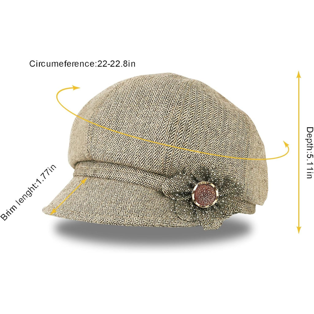 Women Retro Classic Visor Newsboy Cabbie Cap Beret Hats with Flower Buckle for Woman Ladies 1khaki