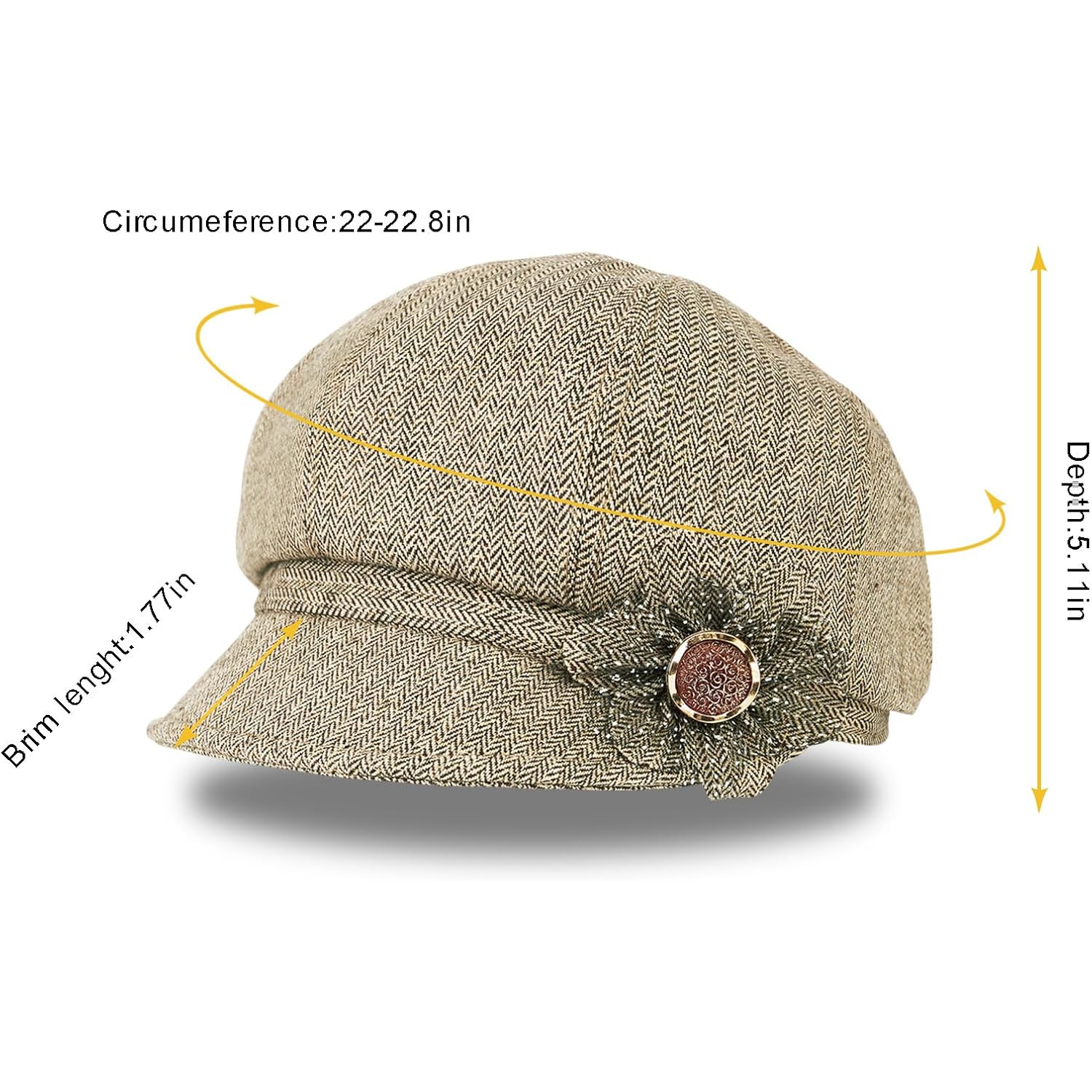 Women Retro Classic Visor Newsboy Cabbie Cap Beret Hats with Flower Buckle for Woman Ladies 1khaki