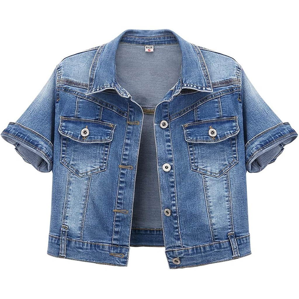 Women'S Summer Short Sleeve Crop Denim Trucker Jacket Jean Coat Tops