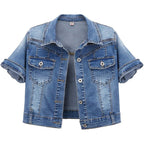 Women'S Summer Short Sleeve Crop Denim Trucker Jacket Jean Coat Tops