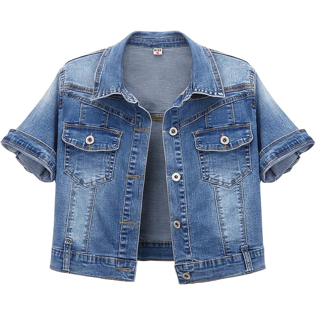 Women'S Summer Short Sleeve Crop Denim Trucker Jacket Jean Coat Tops
