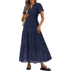 Prettygarden Womens 2026 Summer Maxi Dress Short Sleeve V Neck Hollow Out Eyelet A Line Long Flowy Beach Vacation Dresses
