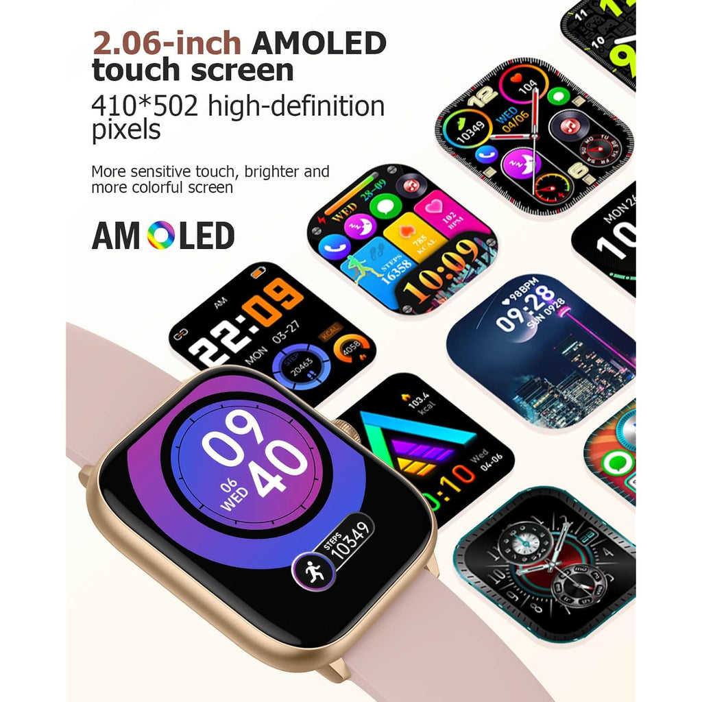Pink Smart Watch For Women, Bluetooth Call, Blood Pressure, 2.06" Amoled, 118 Sports, Fitness Tracker, Heart Rate/Spo2/Sleep/Stress Monitor, Ip68 Waterproof, Liquid Silicone, Gift For Her Android Ios