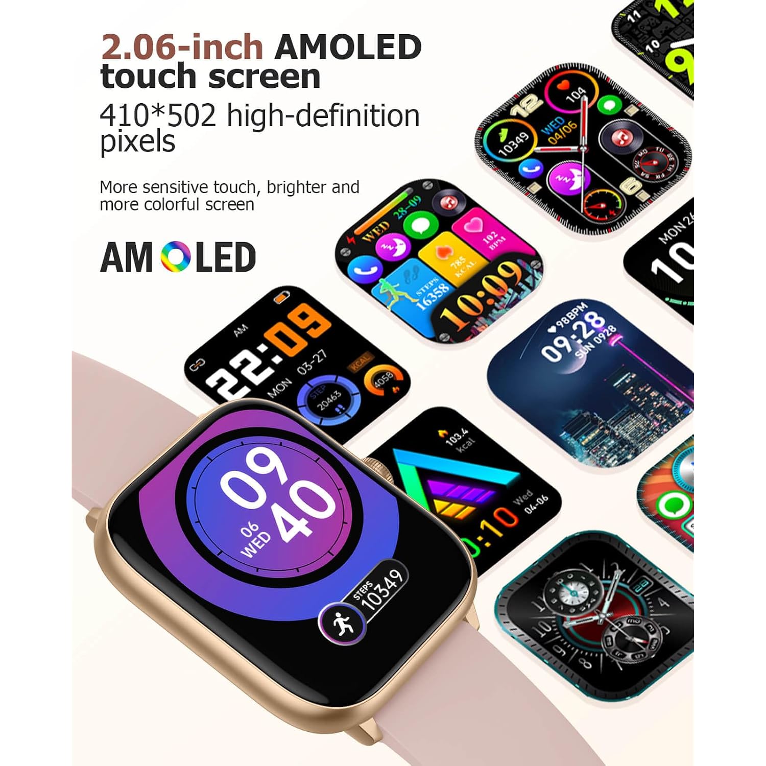 Pink Smart Watch For Women, Bluetooth Call, Blood Pressure, 2.06" Amoled, 118 Sports, Fitness Tracker, Heart Rate/Spo2/Sleep/Stress Monitor, Ip68 Waterproof, Liquid Silicone, Gift For Her Android Ios