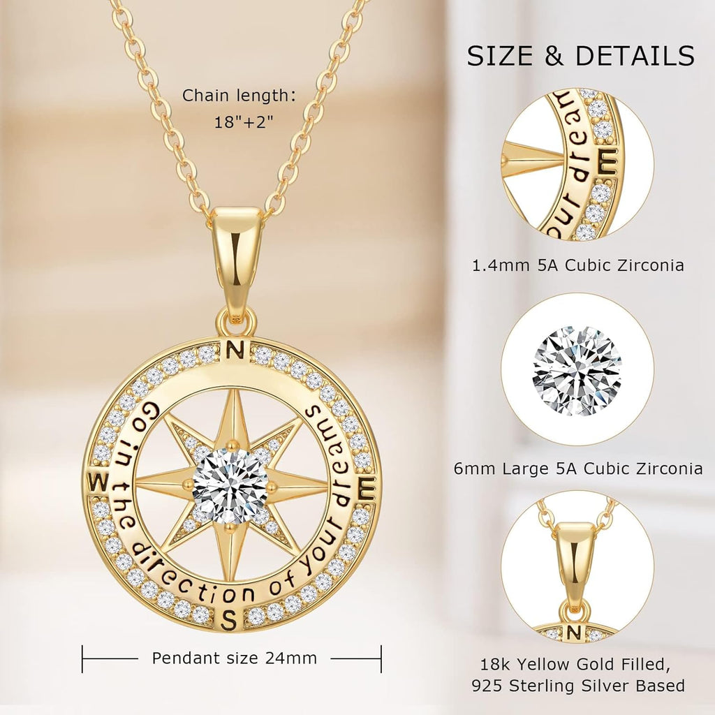 Graduation Gifts for Her, Inspirational Graduates Compass Necklace for Women Girls Jewelry, Class of Senior High School College Graduation Gifts for Friends with Congrats Grad Box and Gift Card (18K Gold Filled 925 Sterling Silver necklace)