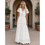 Merokeety Women'S 2026 V Neck Short Sleeve Floral Lace Wedding Dress A Line Boho Bridesmaid Cocktail Party Maxi Dress