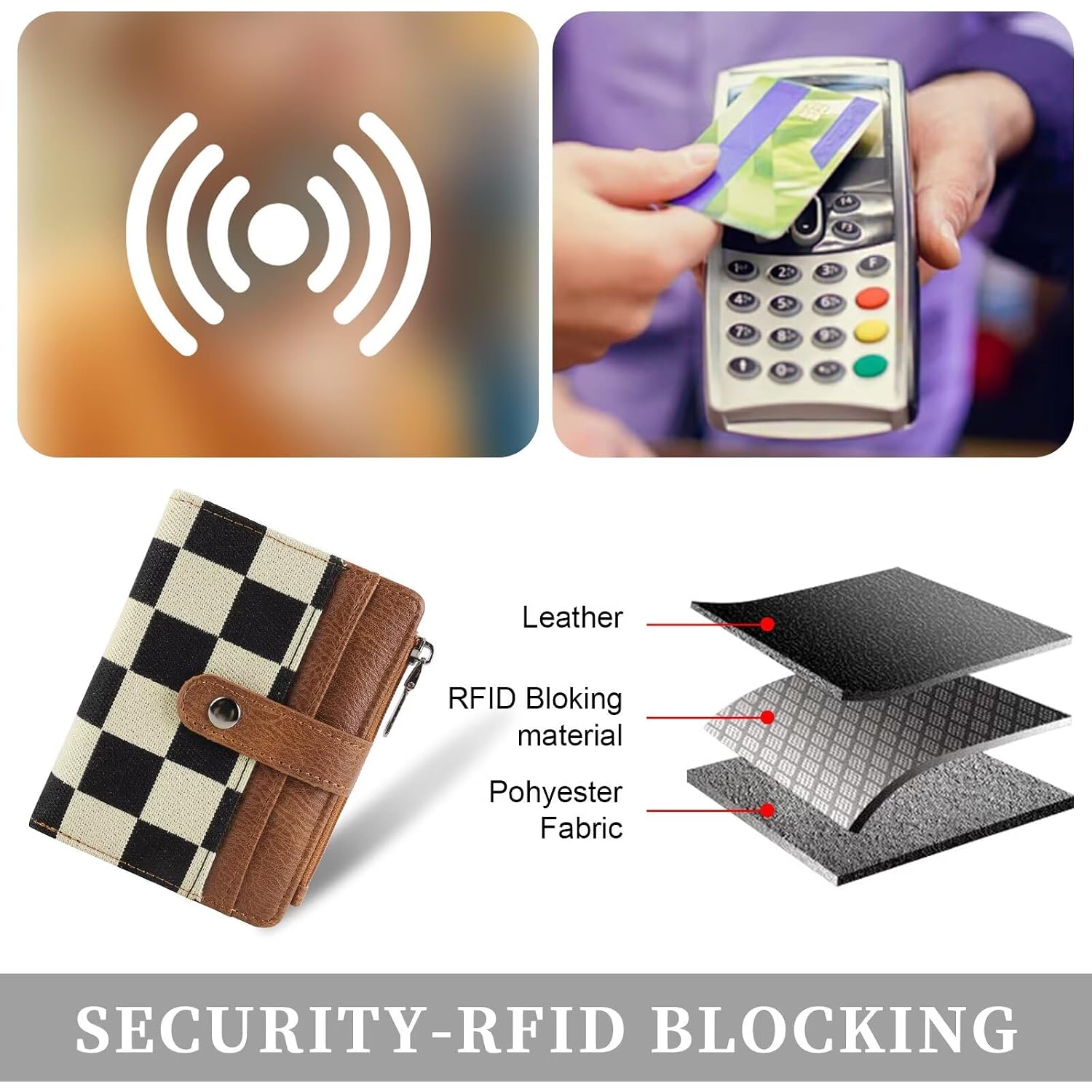 Small Checkered Wallet For Women,Rfid Blocking Pu Leather Bifold Wallet,Cute Compact Credit Card Holder Purse With 8 Card Slots,Id Window And Coin Pocket(Brown)