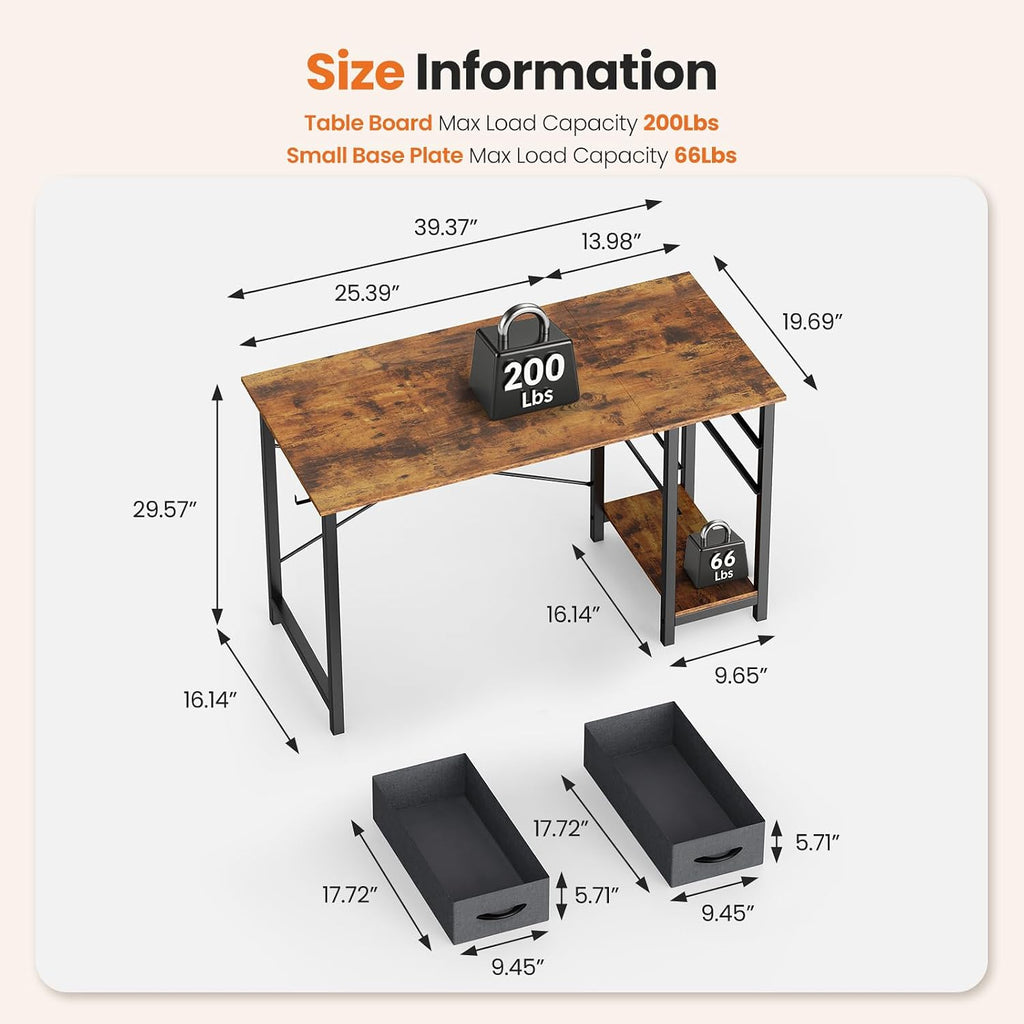 Sweetcrispy 40-Inch Computer Desk With Drawers, Office Desk, Brown | Small Desk For Bedroom Home Office With Side Hook, Modern Simple Desk With Storage For Writing
