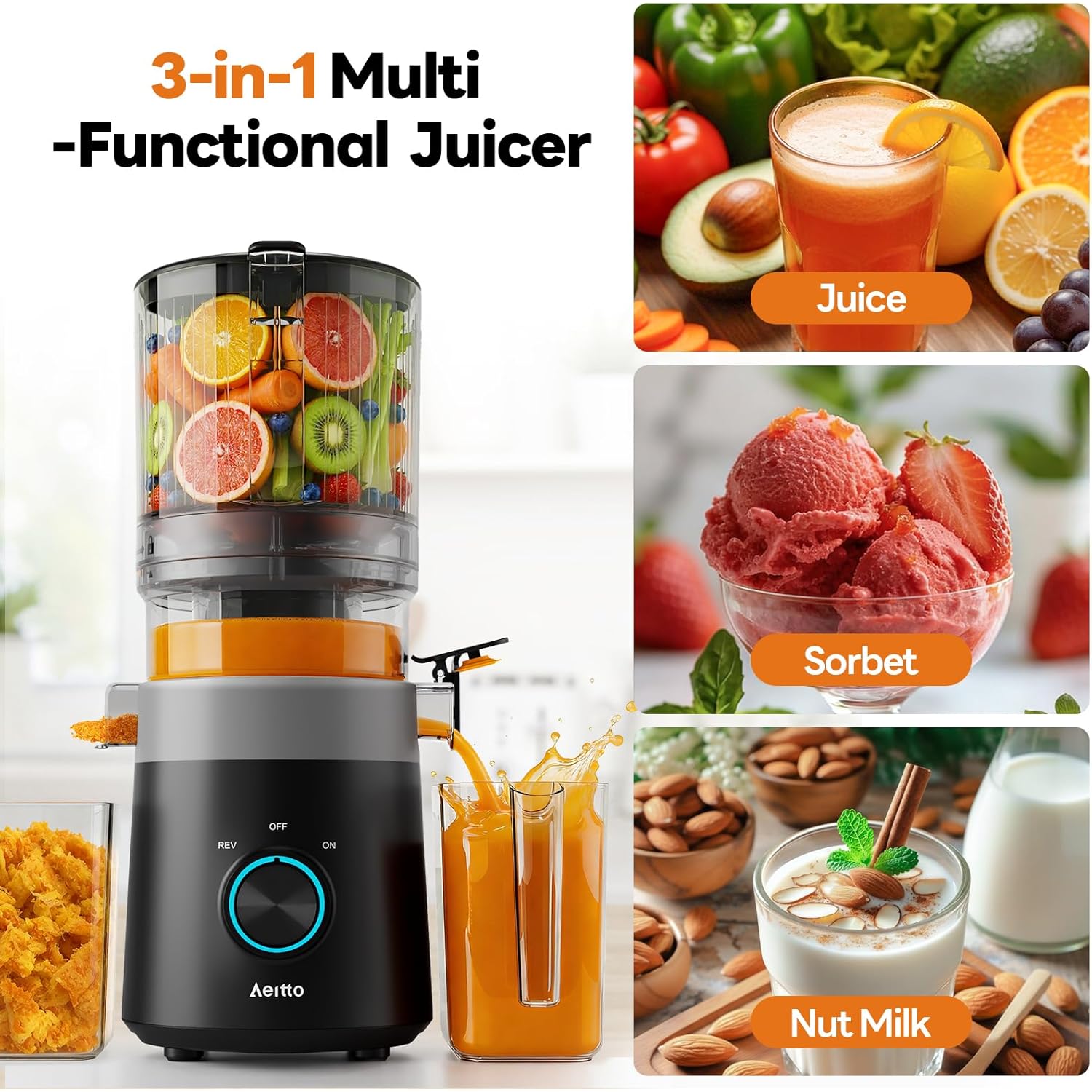 Aeitto Easy to Clean Juicer Machines With Filter-Free Design, 3-in-1 Cold Press Juicer (For Juice/Sorbet/Nut Milk), 6.0" Extra Large Chute For Whole Fruits & Vegetables, Large Capacity, With Pusher