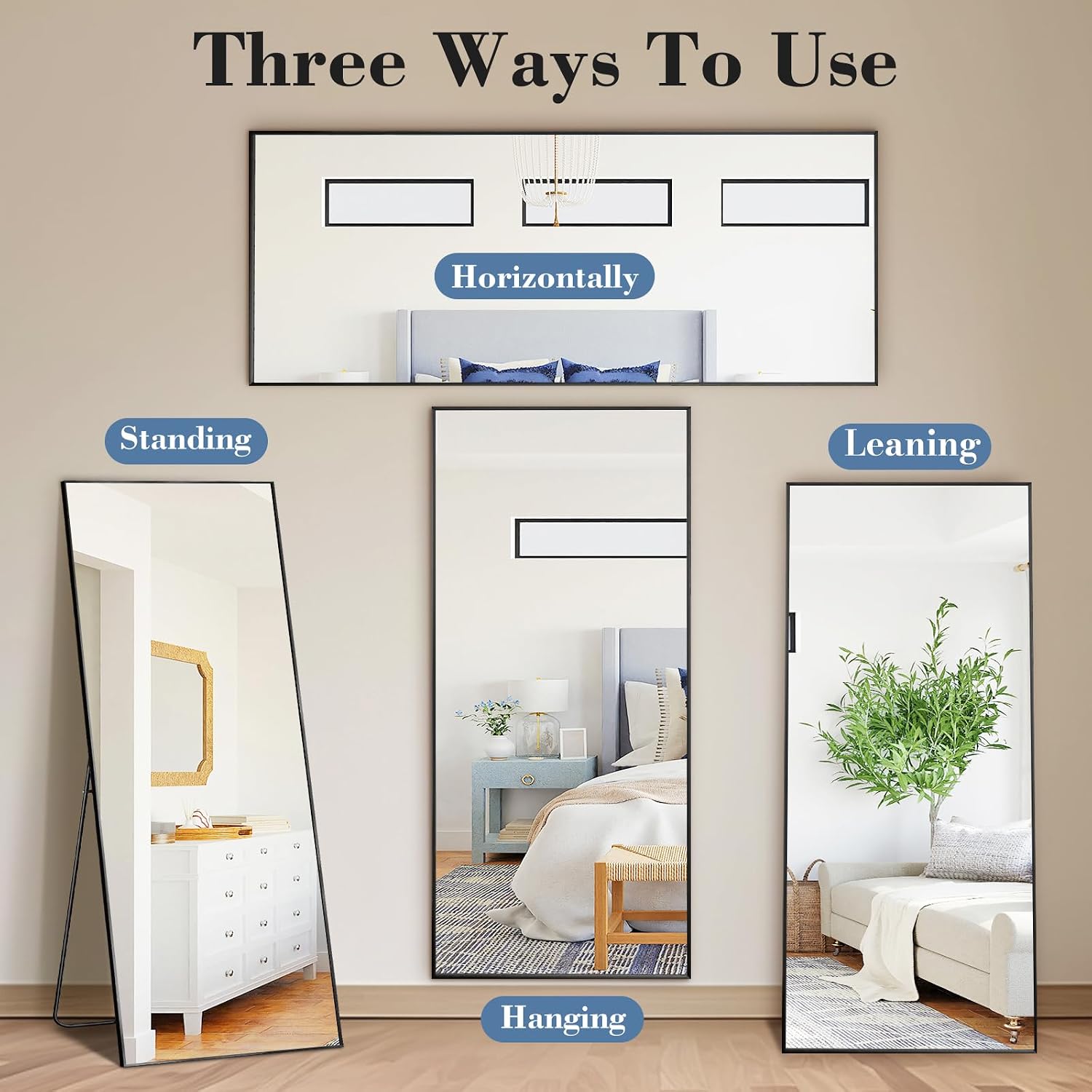 Dumos 64"X21" Full Length Mirror With Stand, Floor Standing Aluminum Frame, Shatterproof Nano Glass For Bedroom, Living Room, Cloakroom Modern Simple Home Decor, Can Be Hanging, Leaning Or Wall, Black