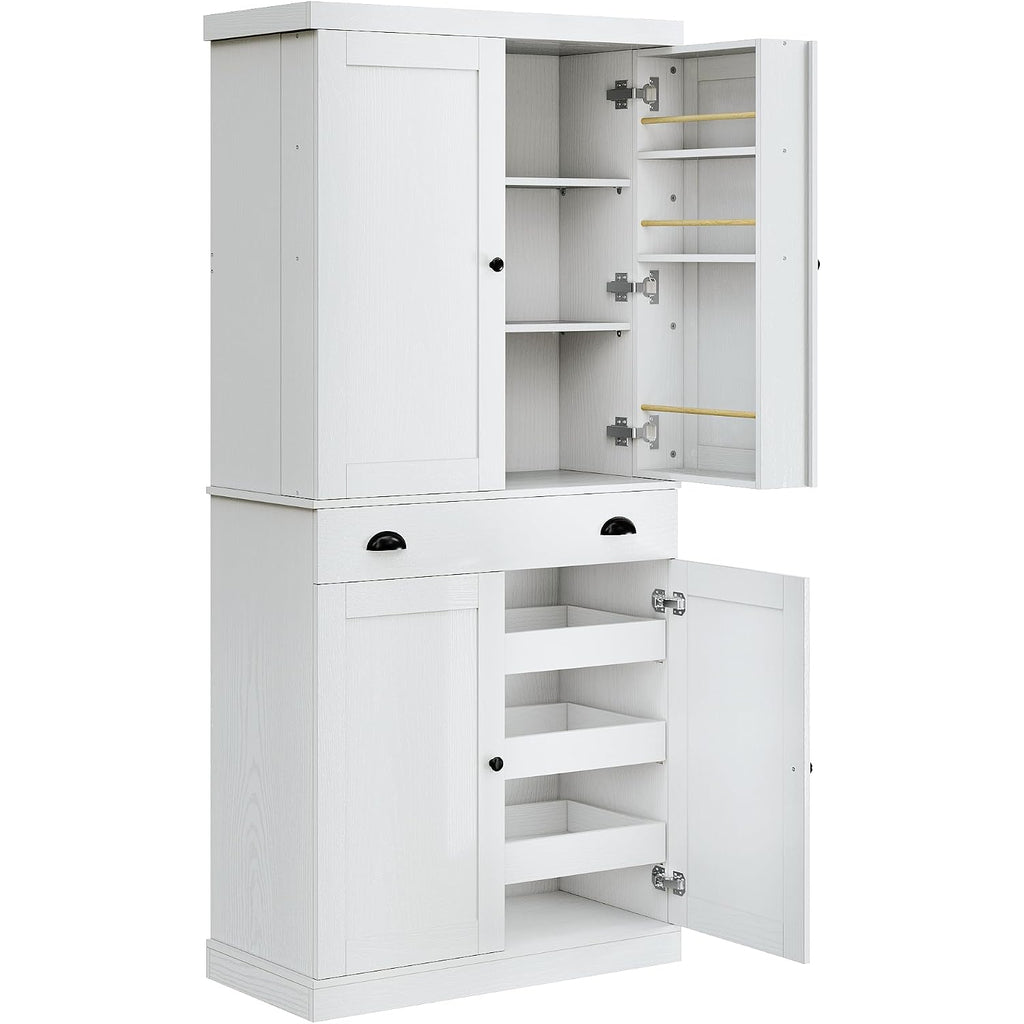 Ironck 72" Kitchen Pantry Cabinet With Drawer And Sliding Racks, White | White Wood Pantry Cabinet. 6 Door Shelves. 3 Sliding Racks. For Kitchen, Dining Room, Or Hallway.