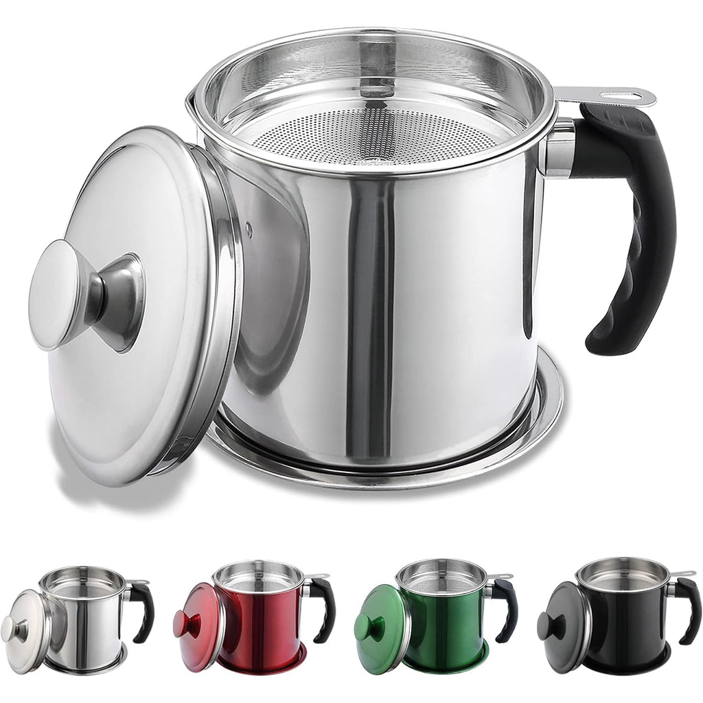 Kyraton Bacon Grease Container With Strainer, 48 Oz Stainless Steel Oil Container, Pot Fat Storage With Lid, Easy Grip Handle Suitable For Storing Frying Oil And Cooking Grease 1. Silver