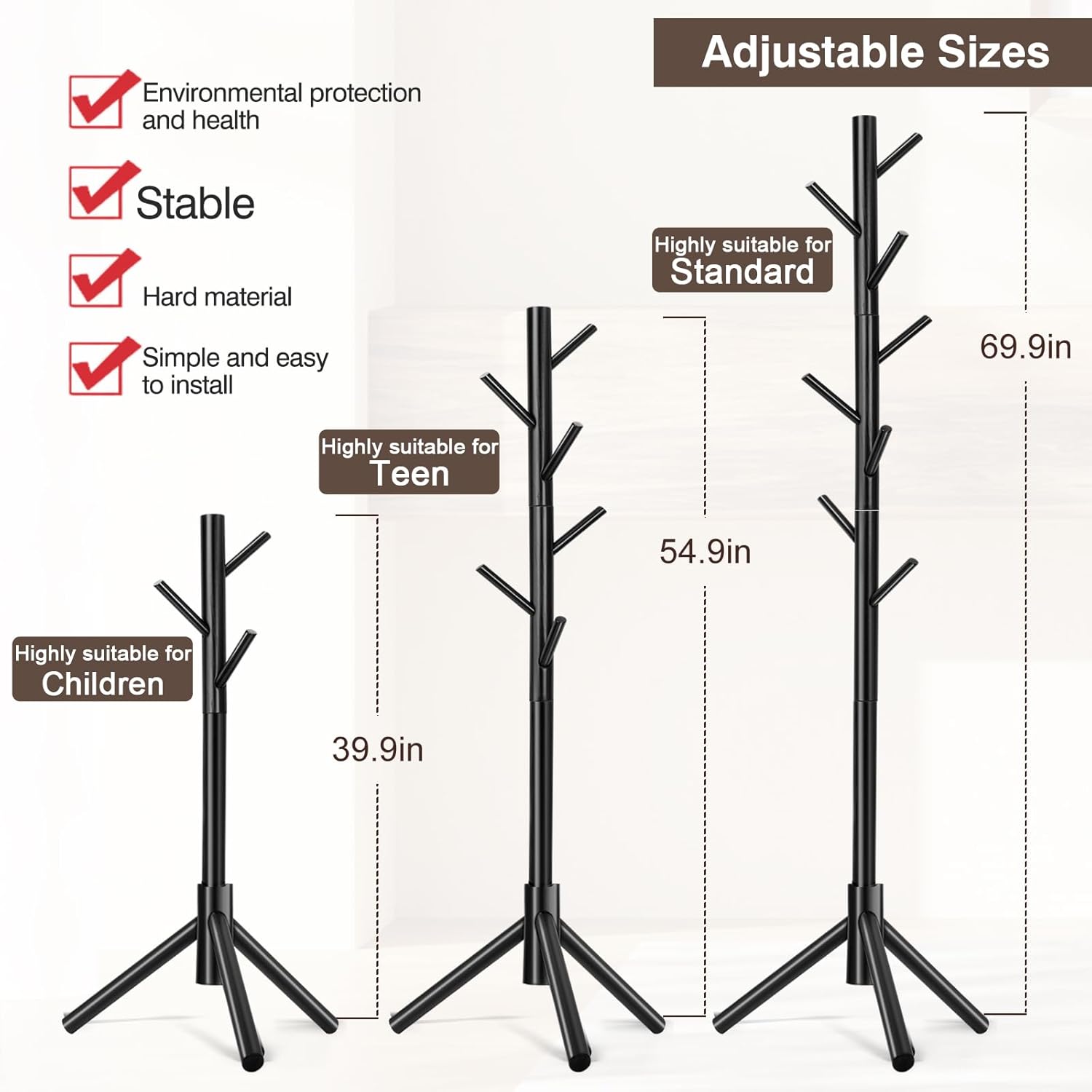 WANGMUXIA Coat Rack, Freestanding Coat Rack with 8 Hooks and 3 Adjustable Size Tree Coat Racks for Bedroom, Hallway, Entrance, Office, for Hats, Coats, Scarves, Handbags