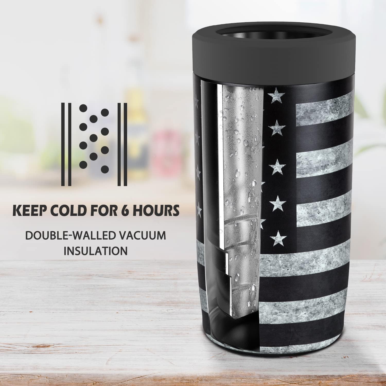 4-In-1 Slim Can Cooler Easy To Hold Insulated Beer Can Holder Double-Walled Stainless Steel For All 12 Oz Cans Black America Flag 2