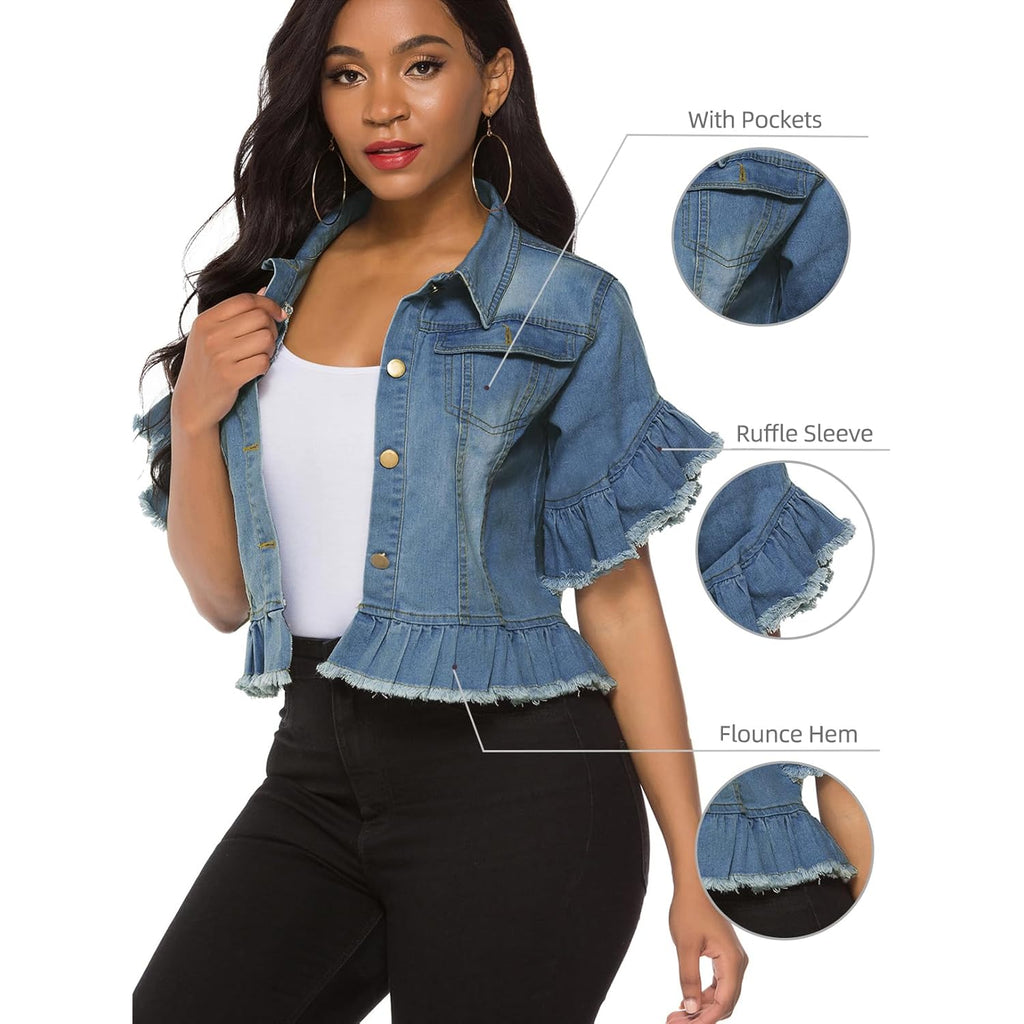 Suvimuga Women's Denim Jacket Button Down Distressed Ruffle Sleeve Crop Jean Jackets Coat
