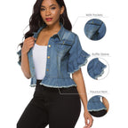 Suvimuga Women's Denim Jacket Button Down Distressed Ruffle Sleeve Crop Jean Jackets Coat