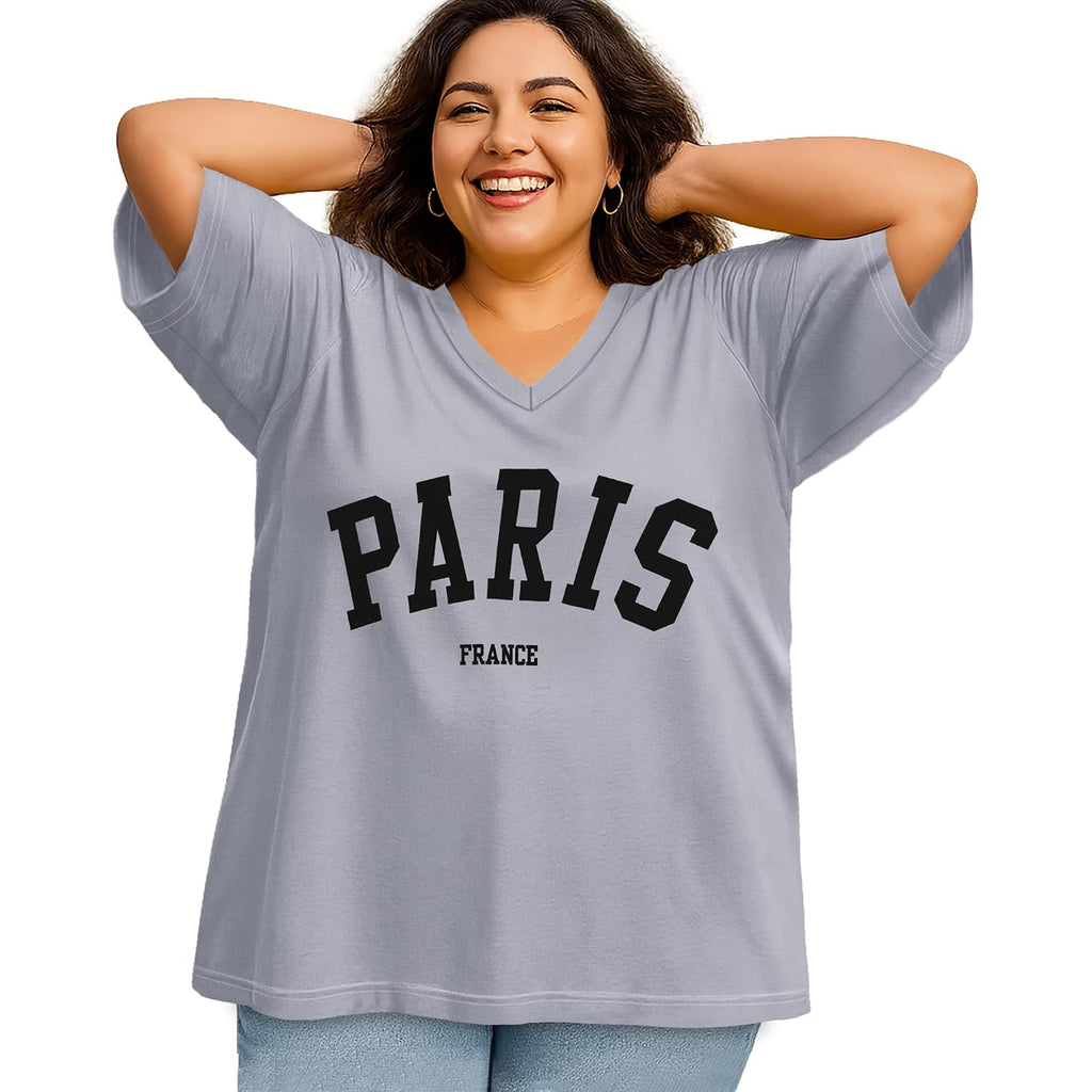 rosemia Plus Size Tops for Women Oversized Casual Tops V Neck Short Sleeves Basic Tees 2026 Gray Paris