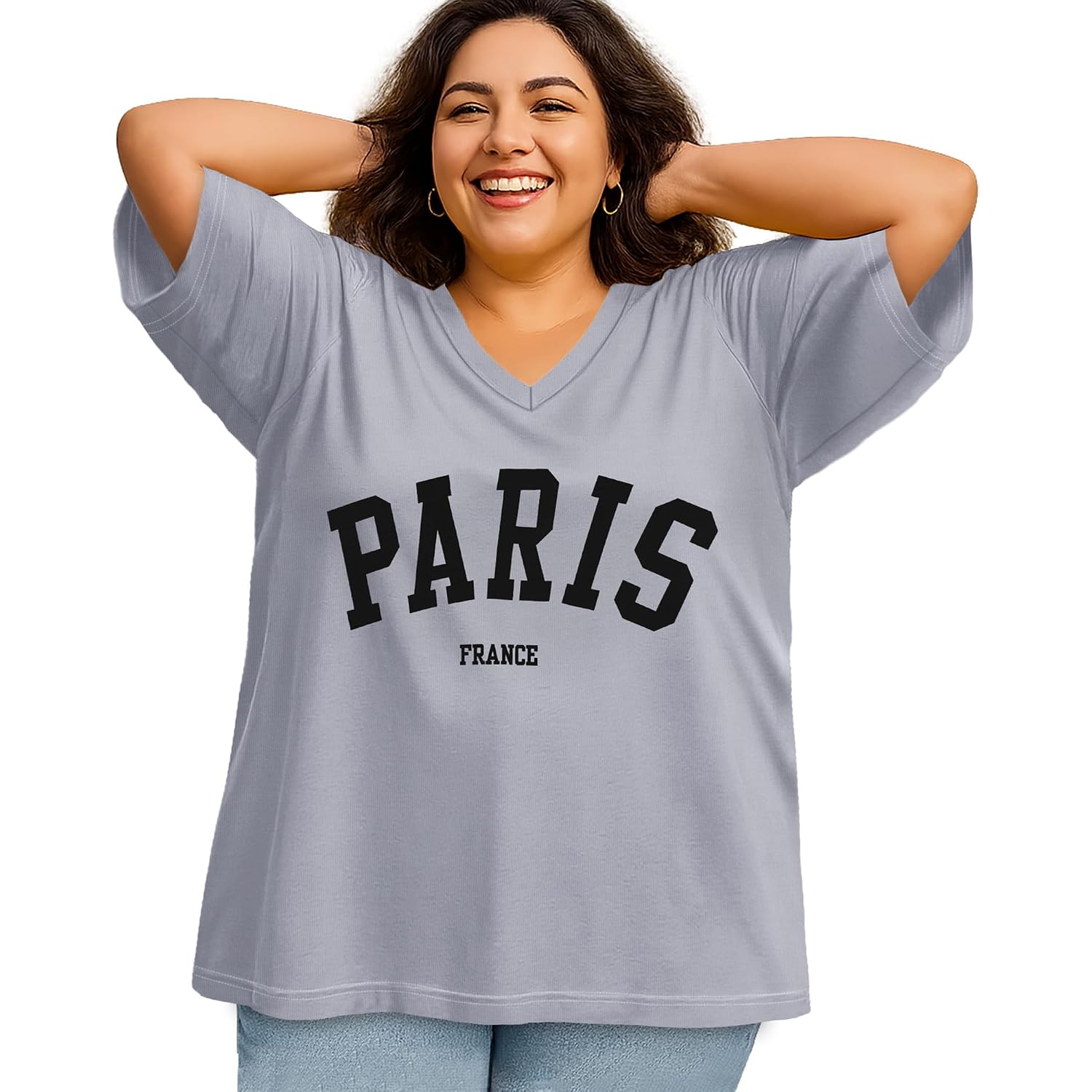 rosemia Plus Size Tops for Women Oversized Casual Tops V Neck Short Sleeves Basic Tees 2026 Gray Paris