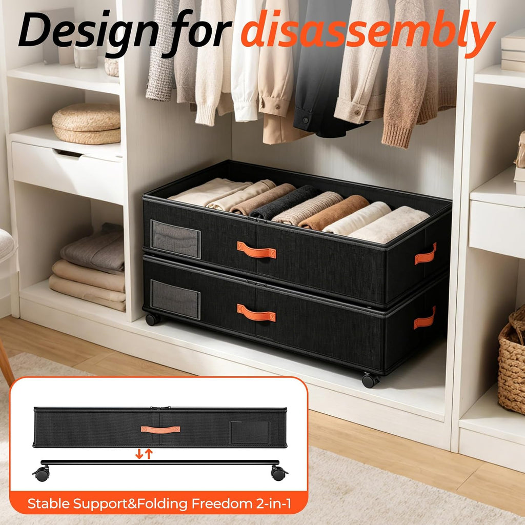 Under Bed Storage With Wheels 2-Pack, Under Bed Storage Containers 66L Clear Lids, Rolling Storage Drawers For Clothes Shoes Blankets, Underbed Organizer Bins(30" L X 16.2" W X 7.5" H)
