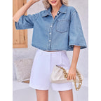 Tankaneo Womens Crop Denim Shirt Half Sleeve Button Down Short Jean Jacket With Pocket