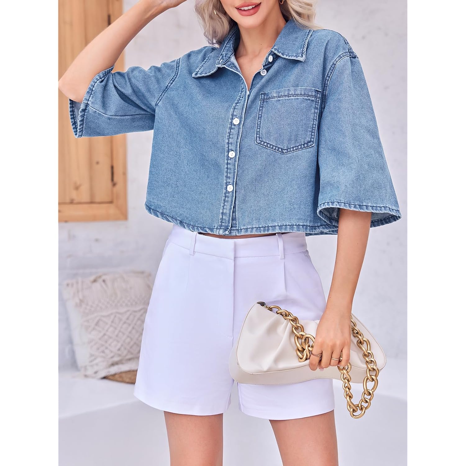 Tankaneo Womens Crop Denim Shirt Half Sleeve Button Down Short Jean Jacket With Pocket