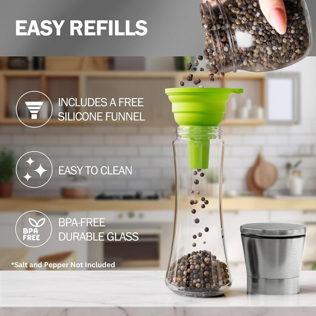Home Ec Premium Stainless Steel Sea Salt And Pepper Grinder Set Of 2 - Adjustable Ceramic - Tall Glass Salt And Pepper Shakers - Kitchen Spice Mill W/Funnel & Ebook
