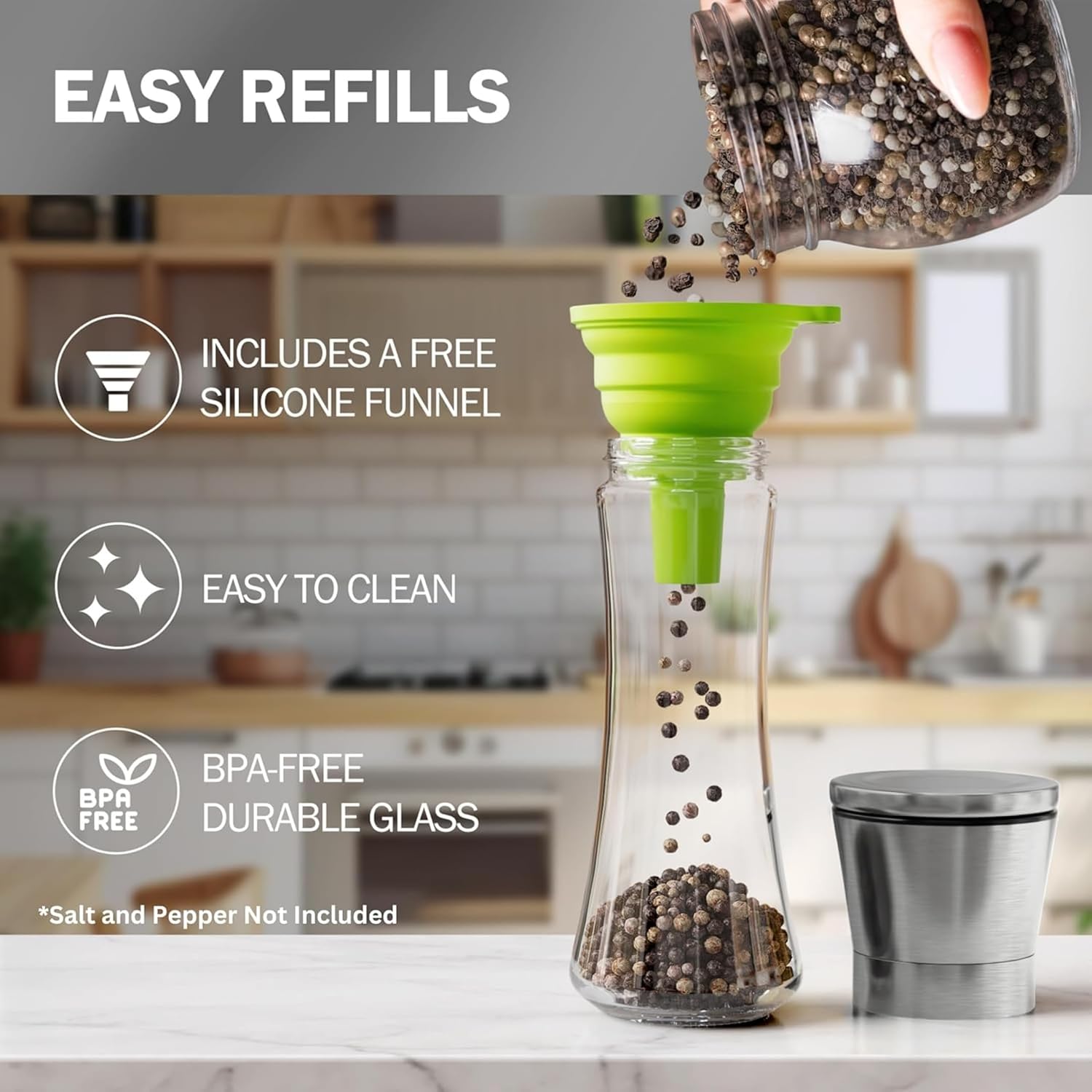 Home Ec Premium Stainless Steel Sea Salt And Pepper Grinder Set Of 2 - Adjustable Ceramic - Tall Glass Salt And Pepper Shakers - Kitchen Spice Mill W/Funnel & Ebook