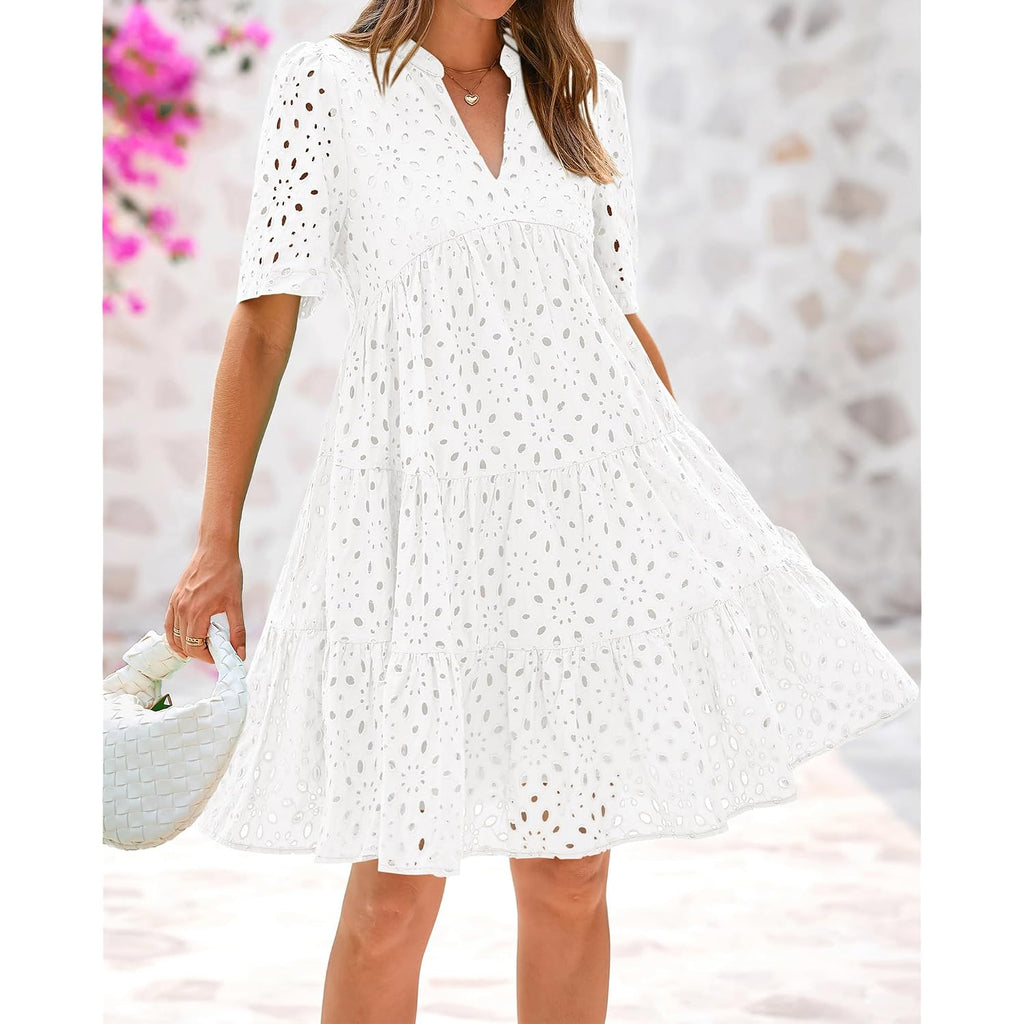 Btfbm Womens Boho Summer Dresses 2026 Spring V Neck Short Sleeve Hollow Out Lace Ruffle Casual Beach Mini Vacation Dress