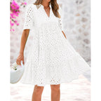 Btfbm Womens Boho Summer Dresses 2026 Spring V Neck Short Sleeve Hollow Out Lace Ruffle Casual Beach Mini Vacation Dress
