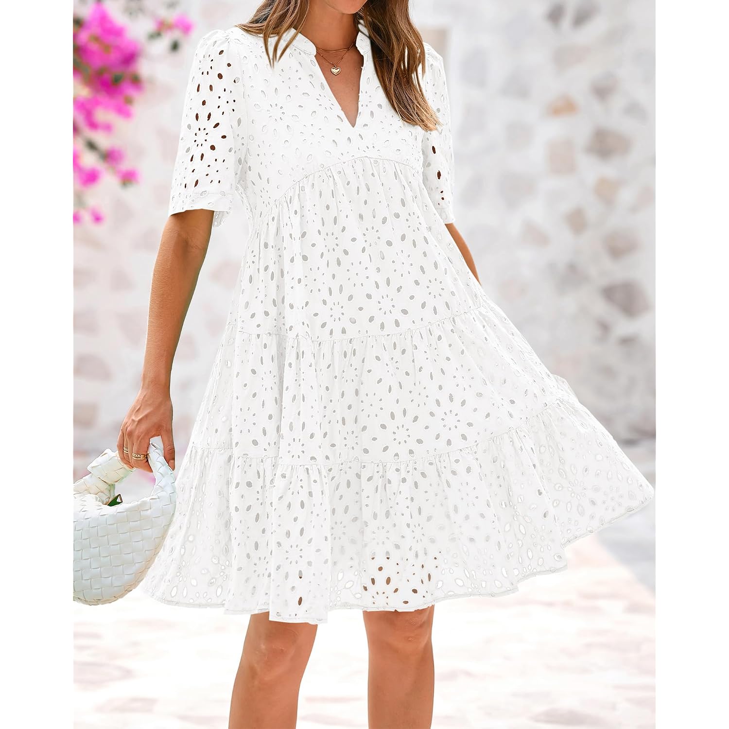 Btfbm Womens Boho Summer Dresses 2026 Spring V Neck Short Sleeve Hollow Out Lace Ruffle Casual Beach Mini Vacation Dress