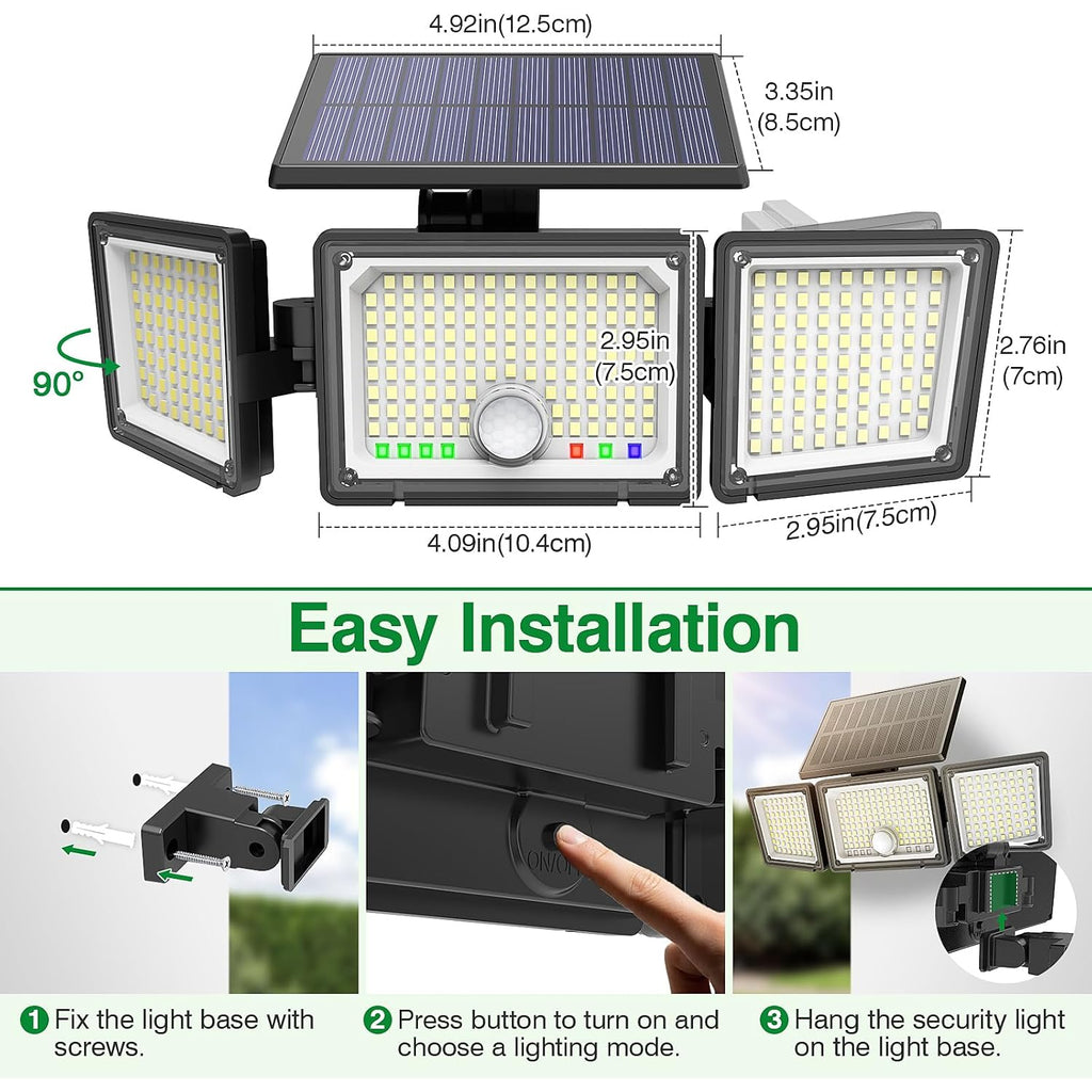 Solar Outdoor Lights Motion Sensor, 2500Lm 286 Led Security Flood Lights With Visual Battery & Mode Display, 3 Lighting Modes, Ip65 Waterproof 3-Head Wide Angle For Garage, Yard, Patio (2 Pack)