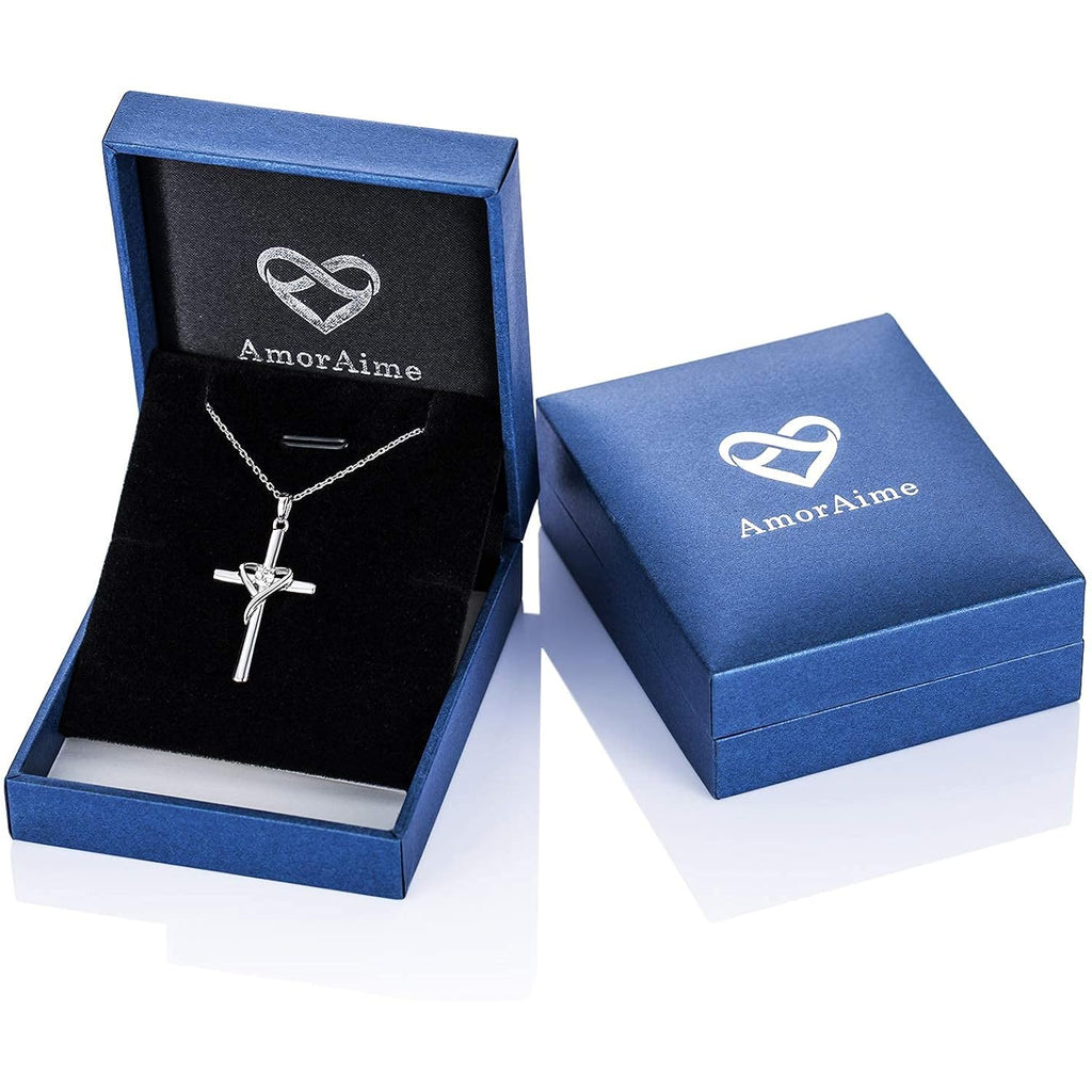 AmorAime 925 Sterling Silver Cross Necklace for Women Men 14K Gold Plated 5A CZ Birthstone Necklaces for Holiday