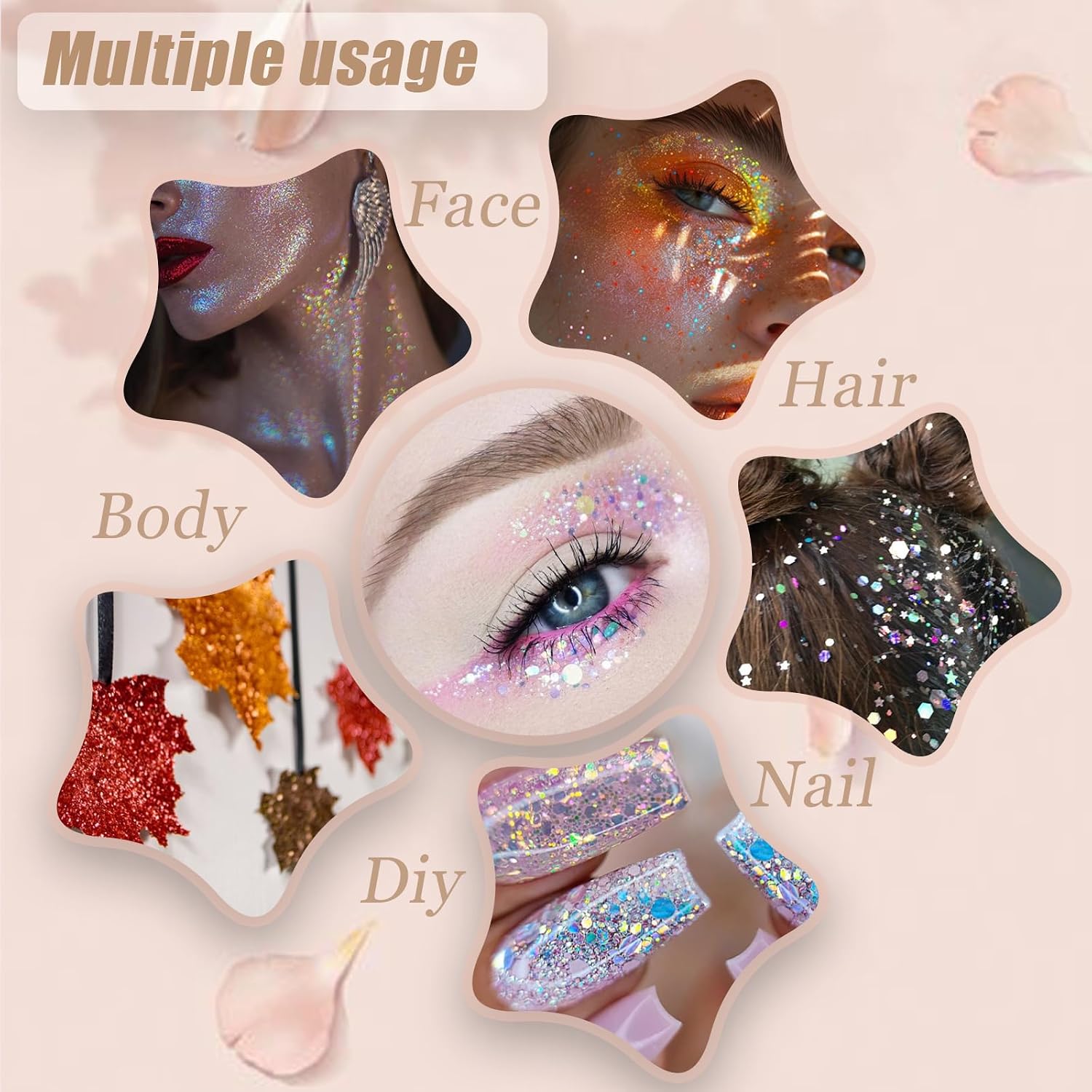 Face Body Glitter, Hair Glitter Sparkles Chunky Face Glitter Gel For Girls Makeup Singer Concerts Mermaid Festival Sequins Face Paint (White+Silver+Pink+Gold+Blue)