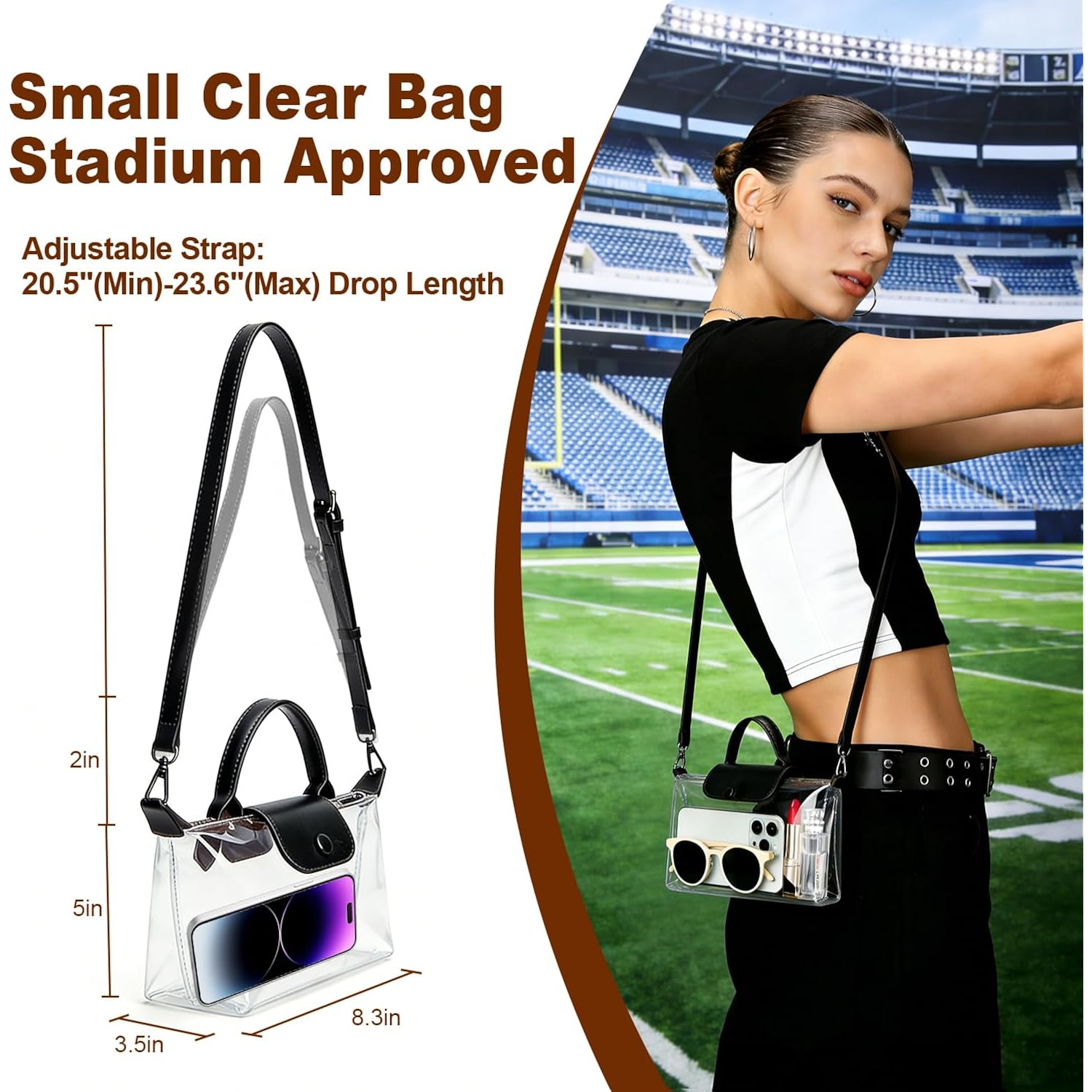Clear Bag for Stadium Events, Small Crossbody Purse for Concerts, Sports Events World Cup, Durable Waterproof