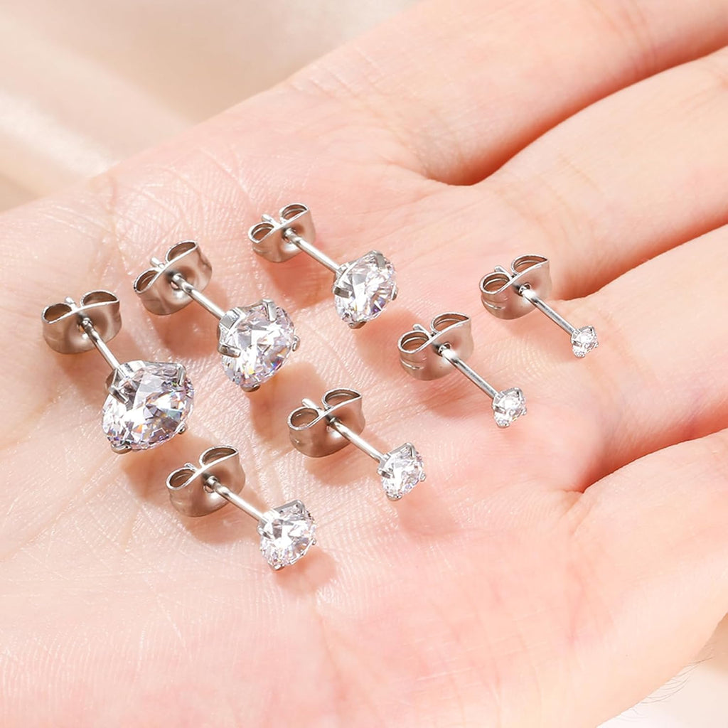 7 Pairs Silver Cubic Zirconia Stud Earrings for Women Trendy Stud Earrings Set Hypoallergenic Stud Earrings 20G CZ Studs Earrings for Women Jewelry Stud Earring