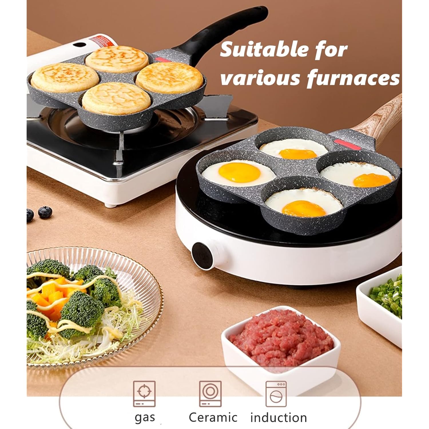 HUPECHAM 4-Cup Egg Pan Nonstick, and Granite Egg Frying Pan, Versatile Breakfast Skillet for Eggs, Pancakes, Plett, Crepes, Compatible with Gas Stove and Induction Cooktop