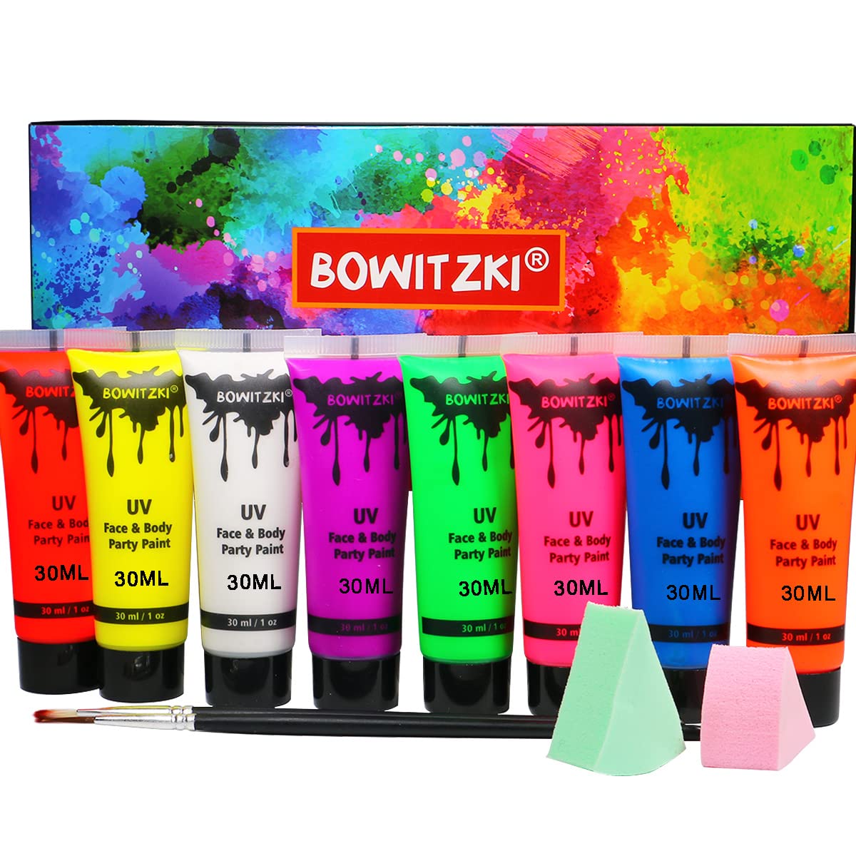 Bowitzki UV Neon Face and Body Paint 8 x 30ml Liquid Kit Black Light Glow in the Dark Makeup Set Fluorescent Blacklight reactive Painting for Adults Music Festivals Party Halloween Christmas
