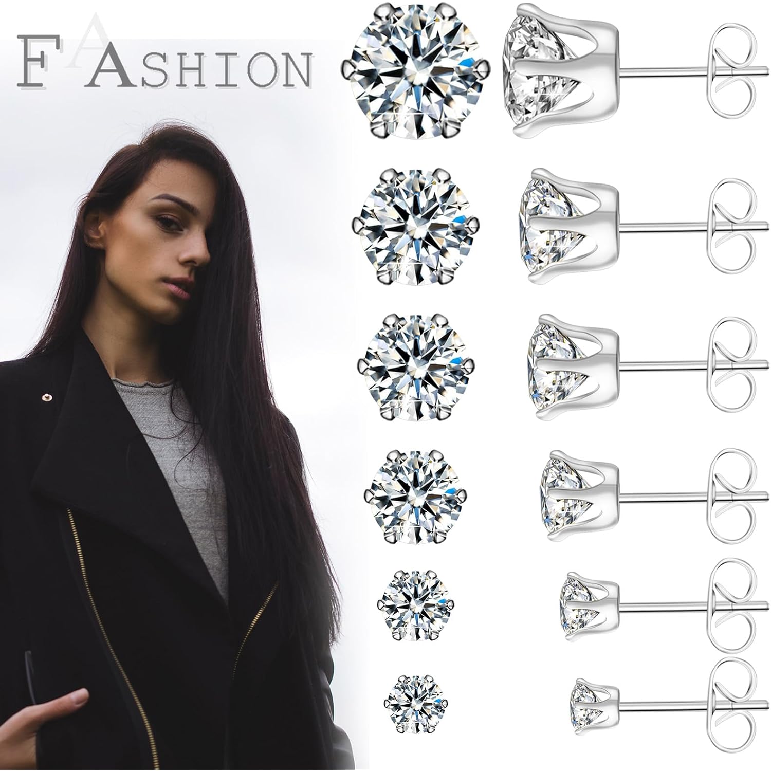 Ringcal Stainless Steel Stud Earrings Set Hypoallergenic Cubic Zirconia 14K White Gold CZ Earrings for Women