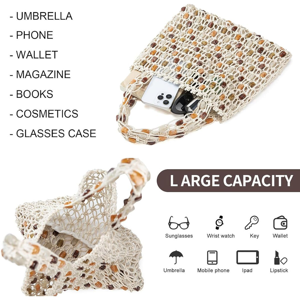 Boho Crochet Shoulder Bag For Women, Colorful Beaded Beach Tote Handbag Lightweight Summer Knit Hobo Purse &Travel Organizer