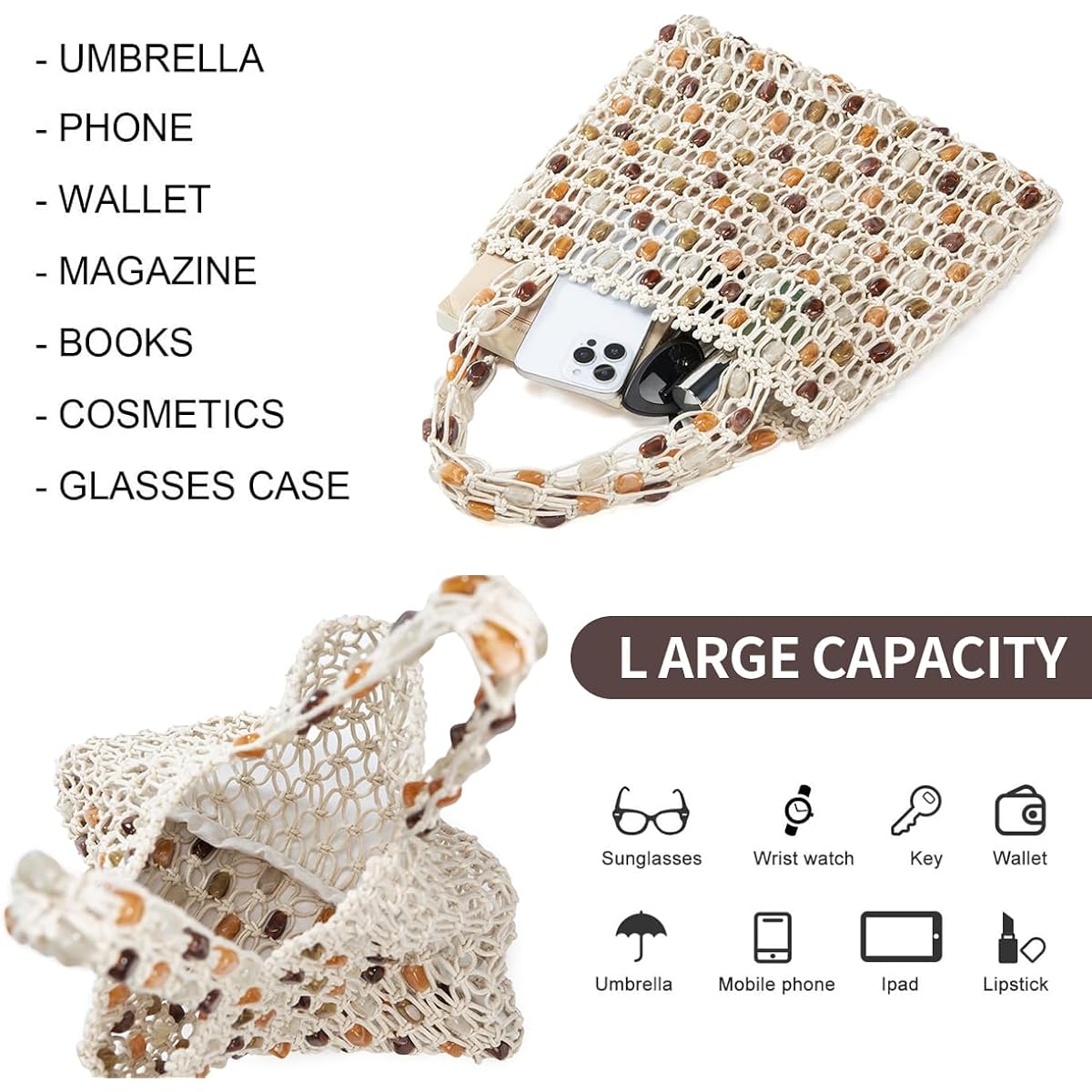 Boho Crochet Shoulder Bag For Women, Colorful Beaded Beach Tote Handbag Lightweight Summer Knit Hobo Purse &Travel Organizer