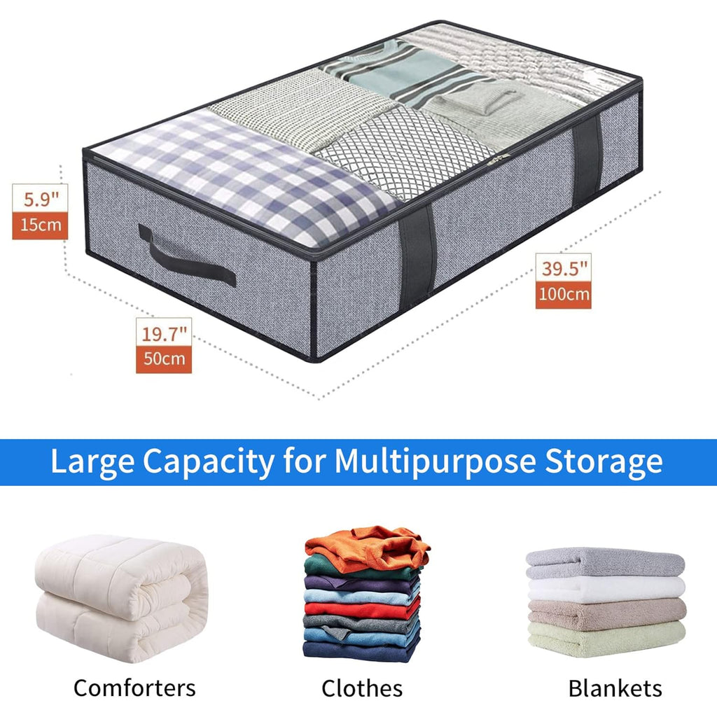 Onlyeasy Foldable Underbed Bags 2 Pack - Blankets Clothes Comforters Storage Bag Breathable Zippered Organizer For Bedroom With Clear Window And 4 Handles, 39.4X19.7X5.9 In, Linen-Like Grey, Mxdubbp2