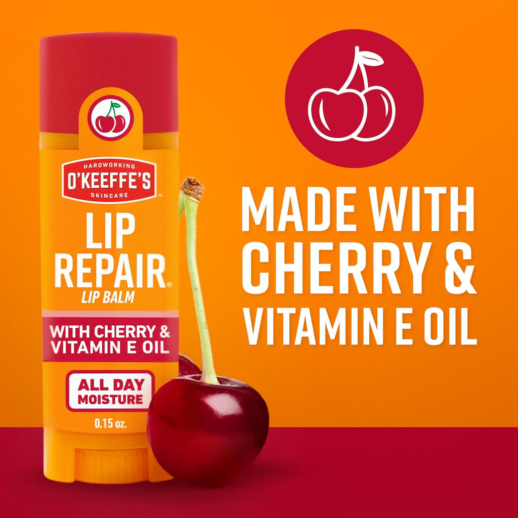 O'Keeffe'S Lip Repair Lip Balm With Cherry & Vitamin E Oil - Stick (3 Pack) - Moisturizer For Extremely Cracked, Dry Lips